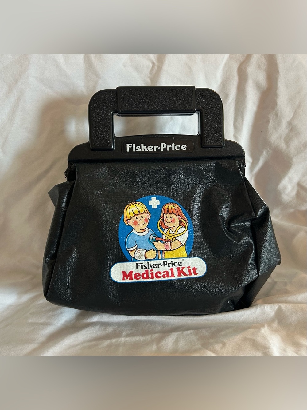 VTG 1987 Fisher Price Medical Doctor/Nurse Kit Black Bag with 9 Pieces Tools